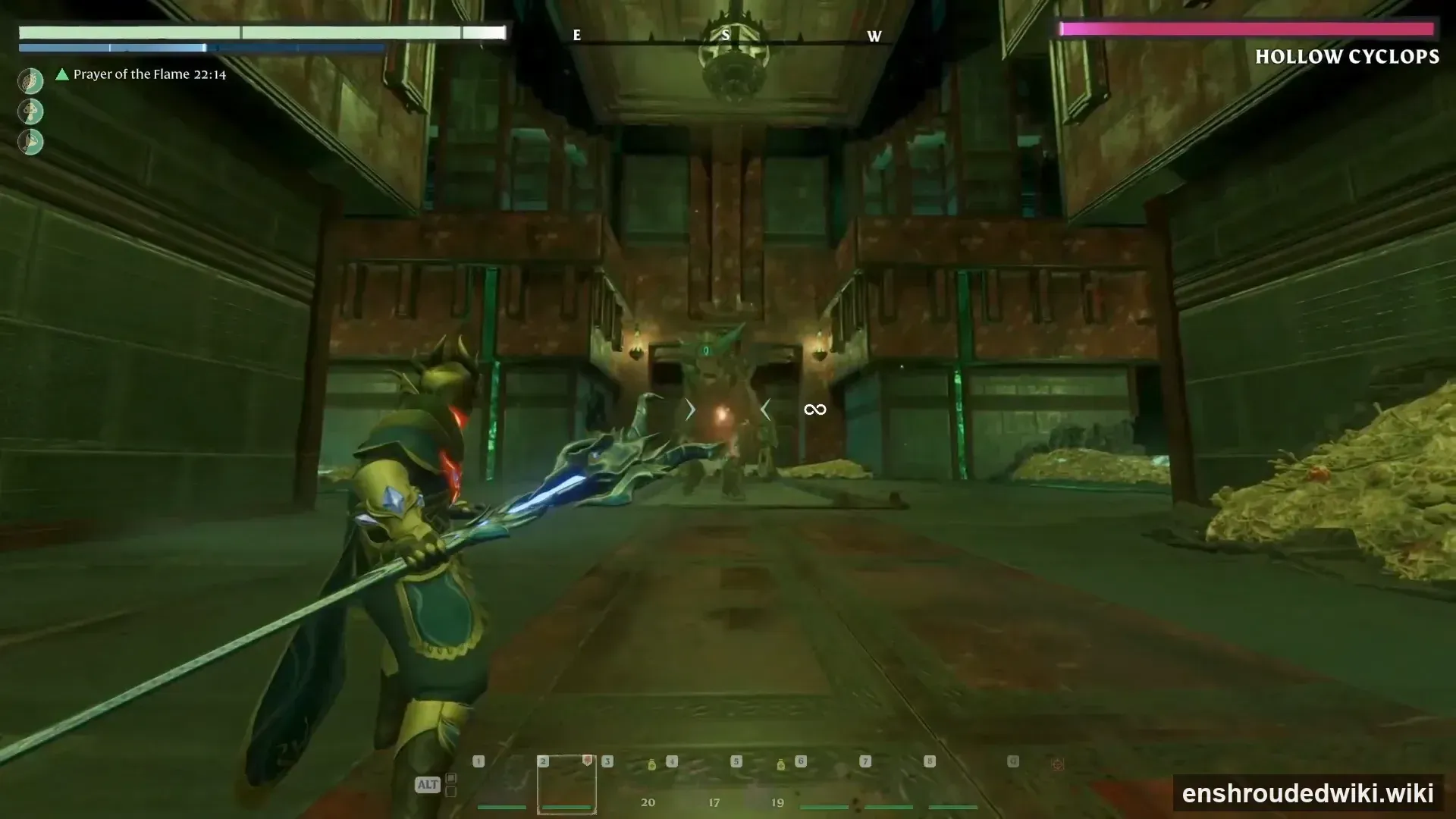A live screenshot of the Hollow Cyclops boss fight in the Hollow Halls - one of the cyclops family bosses in Enshrouded (© Keen Games)