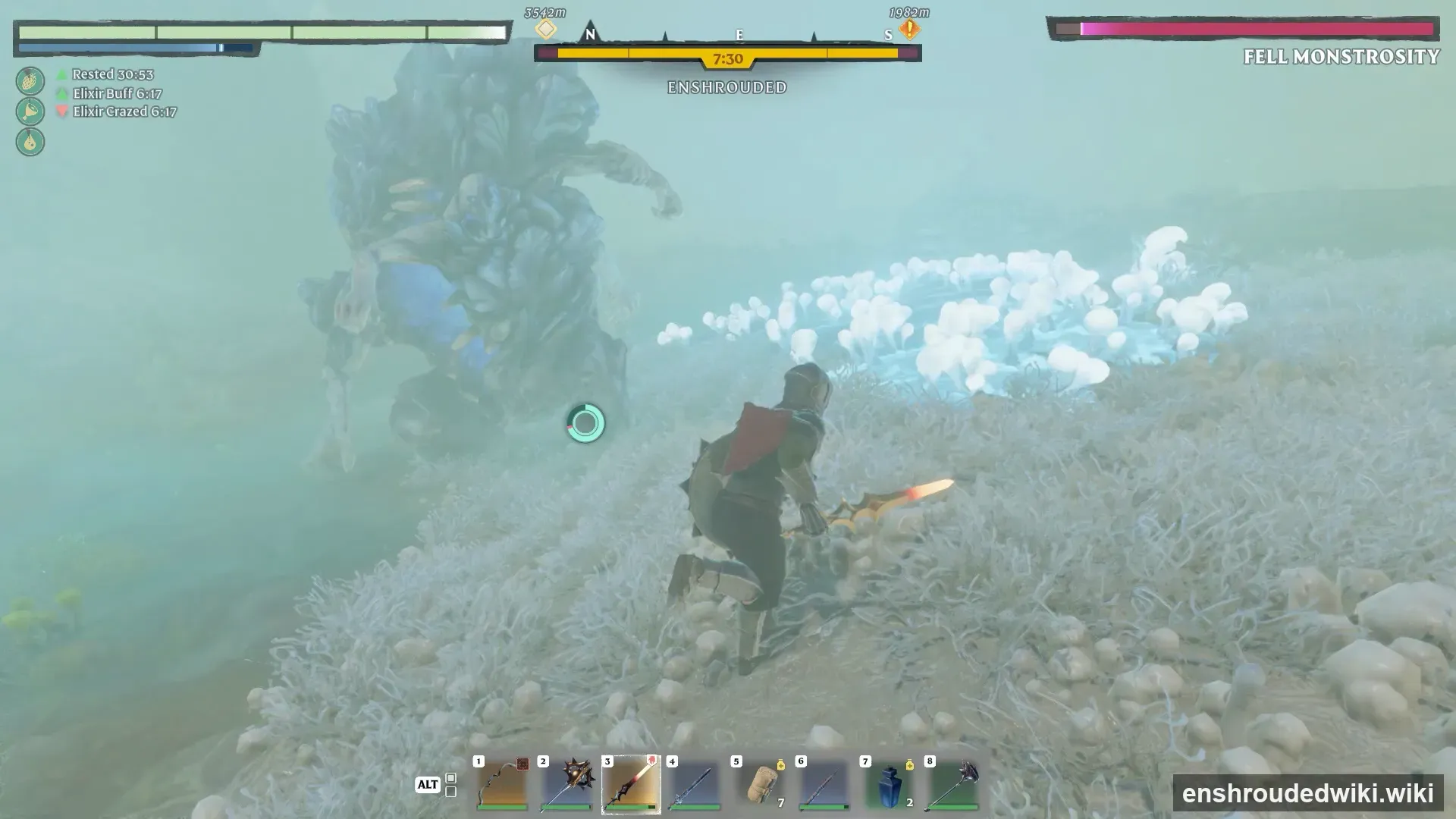 The Fell Monstrosity looming in the fog at Cradle of Dusk - a fell-family boss fight in Enshrouded (© Keen Games)