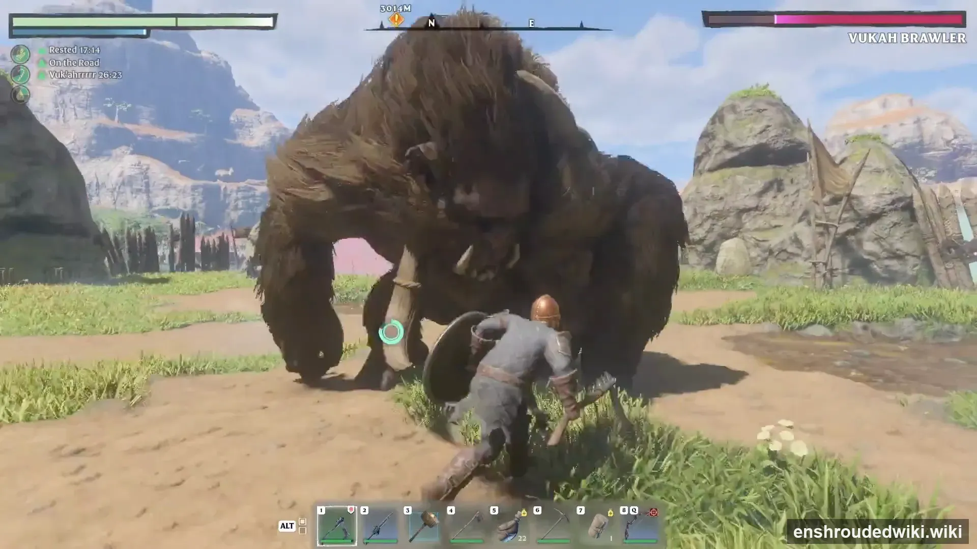 The Vukah Brawler mid-fight on the ceremony hill - the vukah faction’s named boss in Enshrouded (© Keen Games)