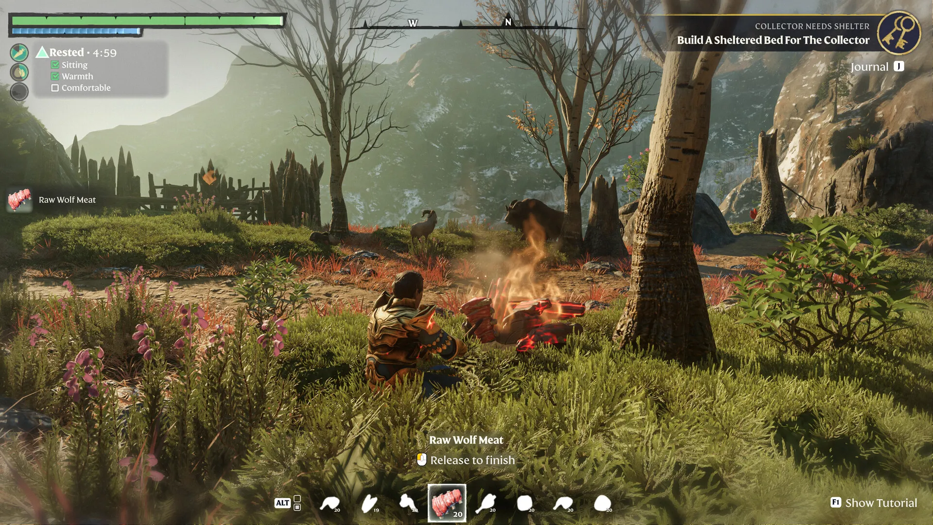 The Comfort system at work — a Rested buff requires Sitting, Warmth, and Comfortable (© Keen Games)