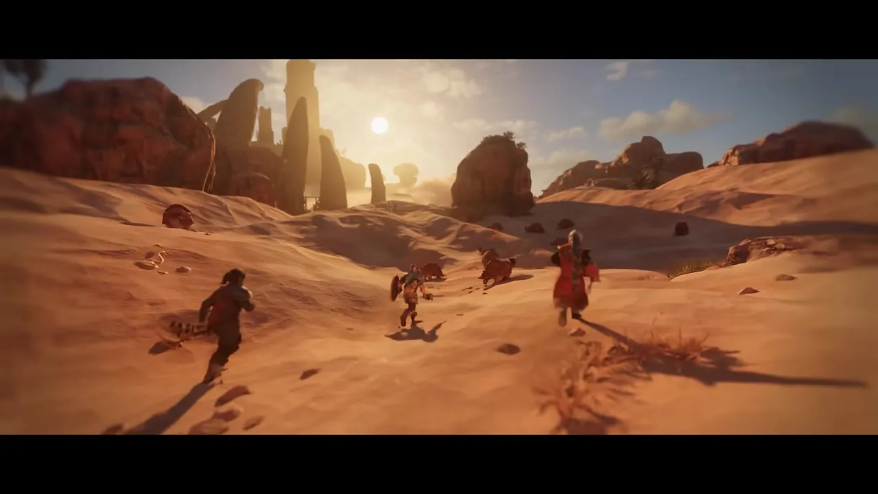 Traveling the Kindlewastes desert — red rock arches, dunes, and the high sun (© Keen Games)