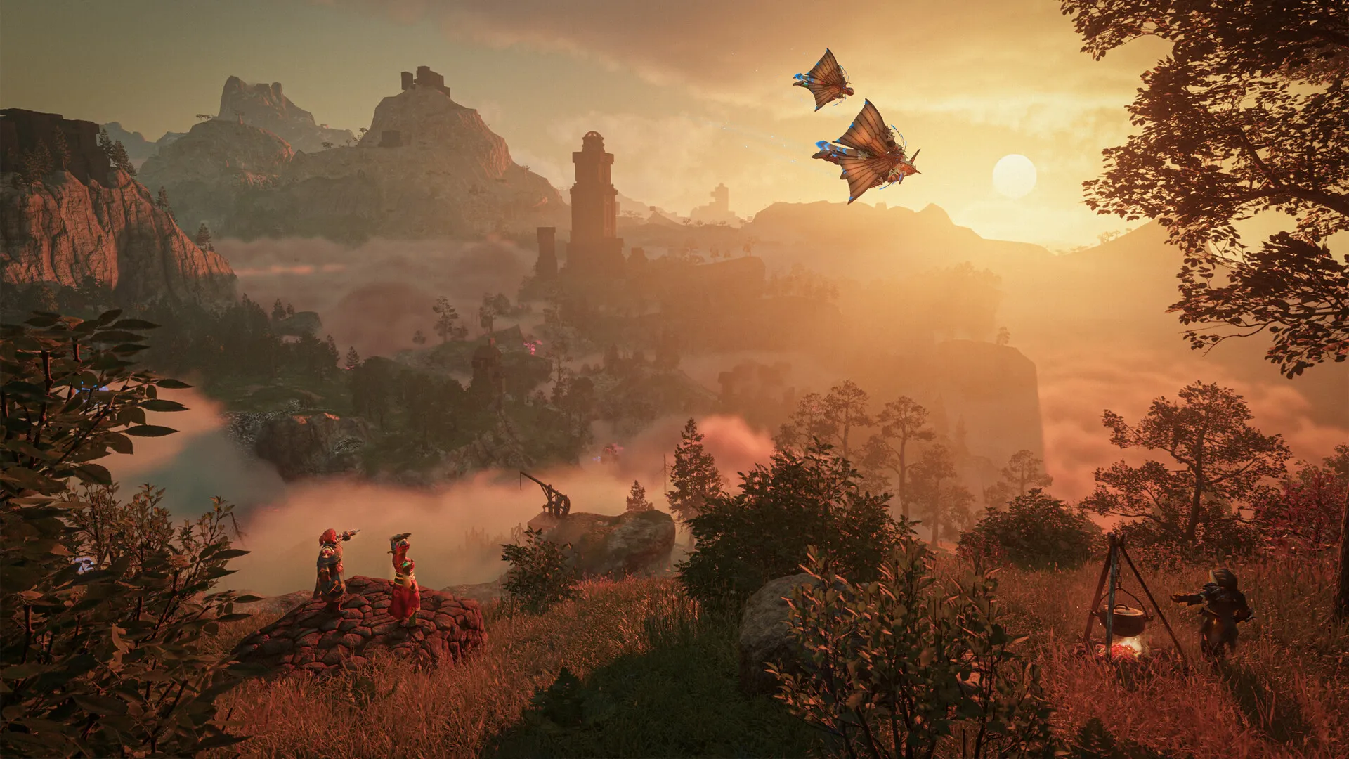 The Shrouded world at dusk — ancient spires and a distant camp (© Keen Games)
