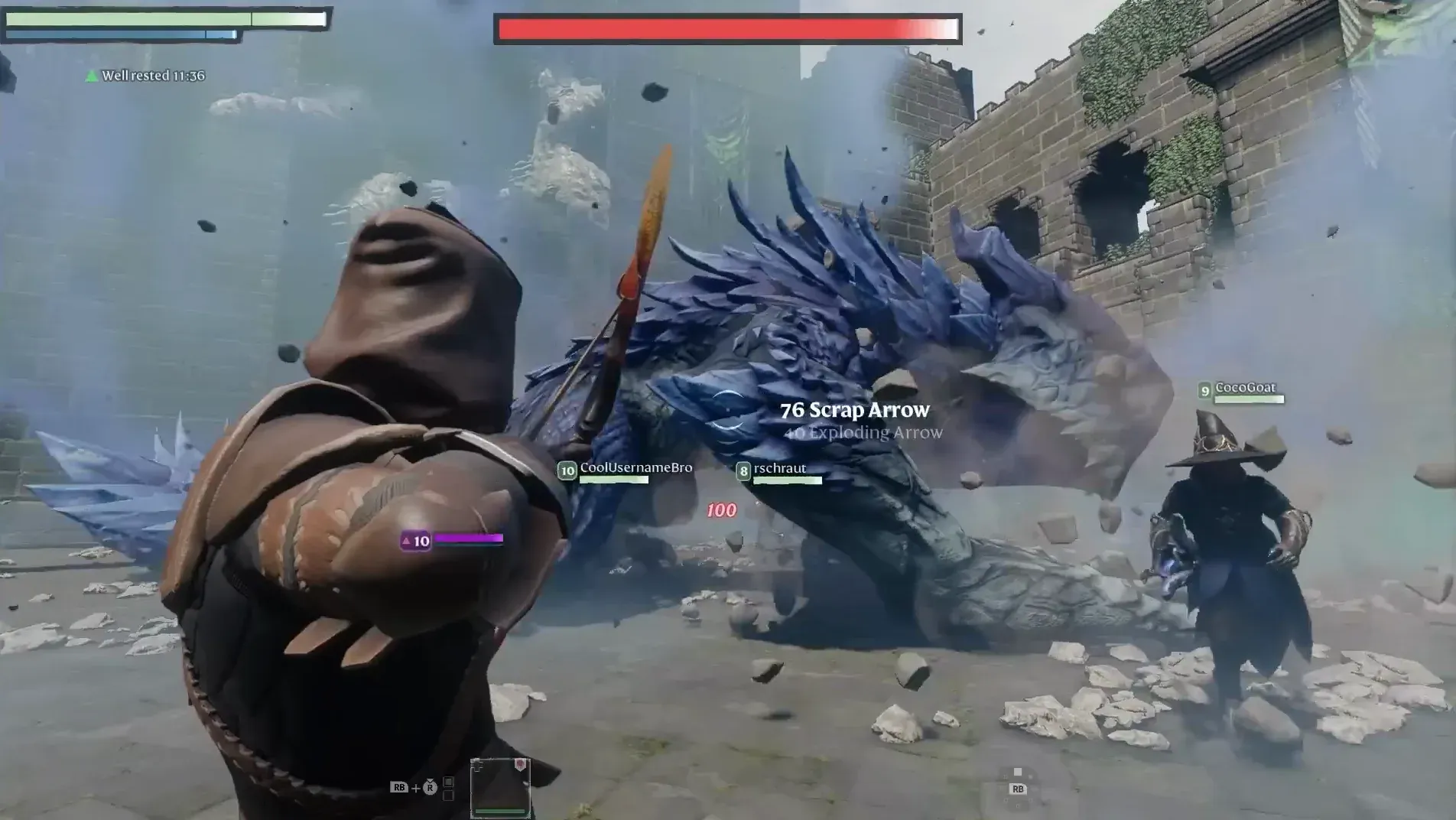 Players fighting a dragon boss in ruins, with a Scrap Arrow count shown on the loot prompt (scene image from the official combat trailer) (© Keen Games)