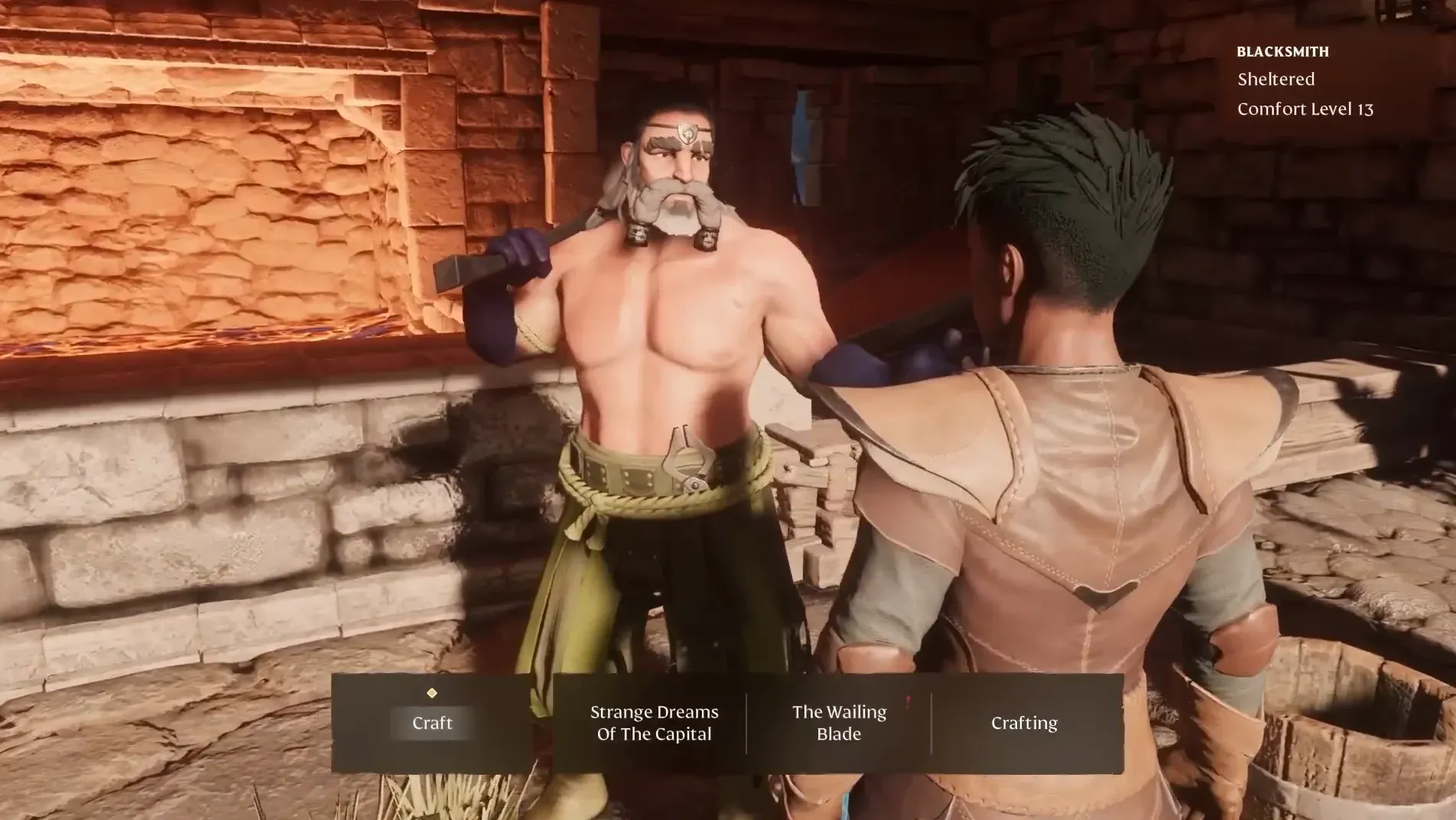 Talking to the Blacksmith at his forge, with the Craft, Strange Dreams Of The Capital and The Walling Blade options (© Keen Games)