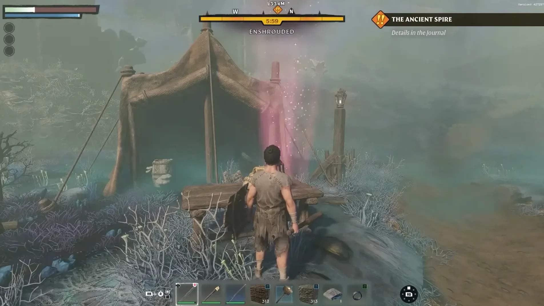 Player facing an Ancient Spire waypoint with the ‘THE ANCIENT SPIRE’ objective and the ENSHROUDED timer bar (© Keen Games)
