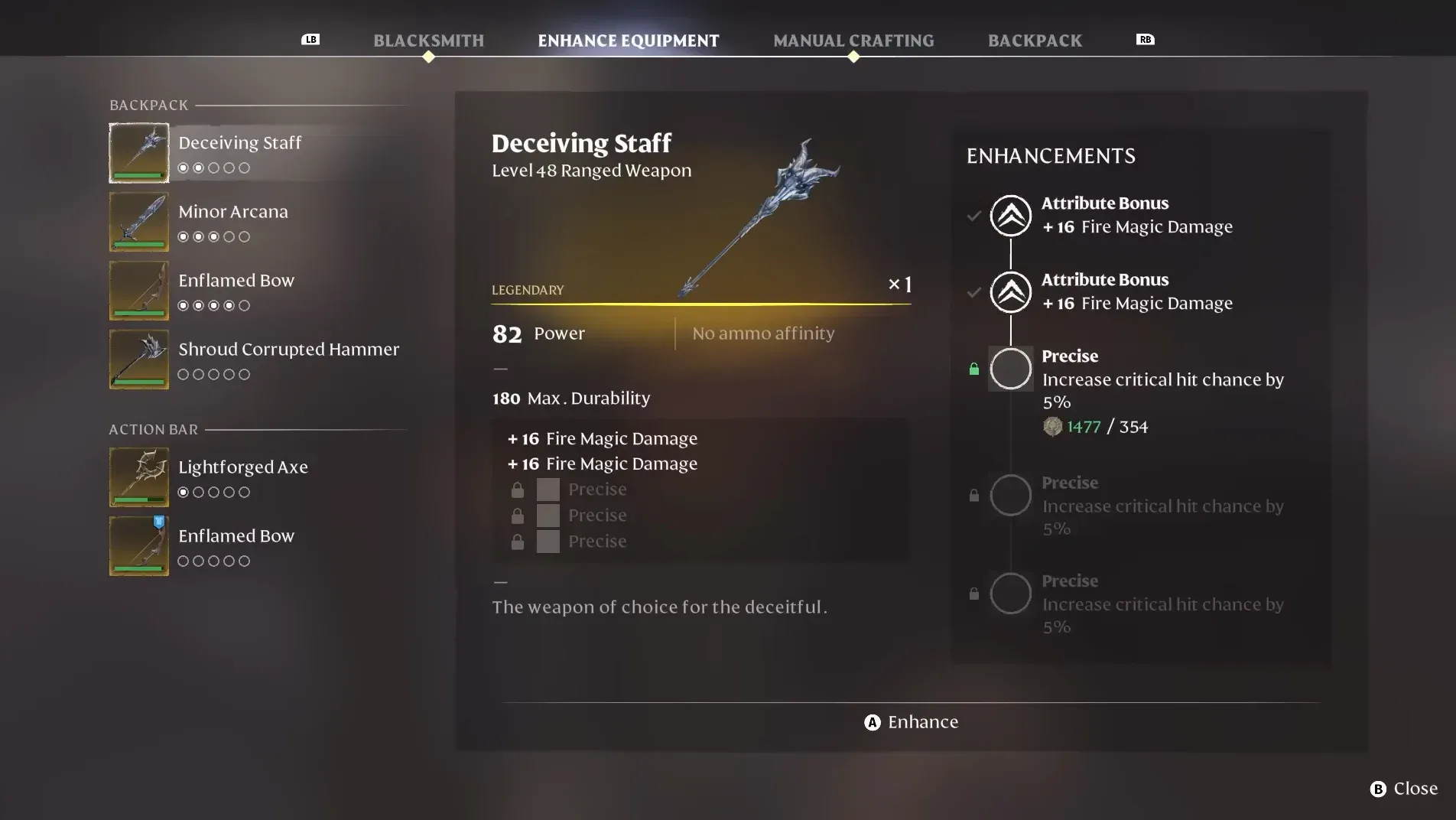 Enhance Equipment screen: a Level 60 Deceiving Staff carrying +16 Fire Magic Damage and Precise enchantment slots, with the gem inventory on the left (© Keen Games)