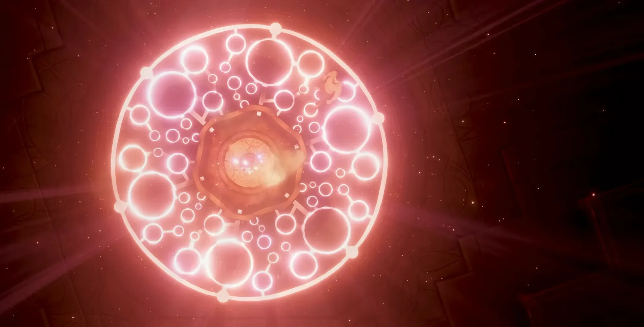 A Sun Temple puzzle ring: a glowing circular arena of concentric light nodes with a central orb (© Keen Games)