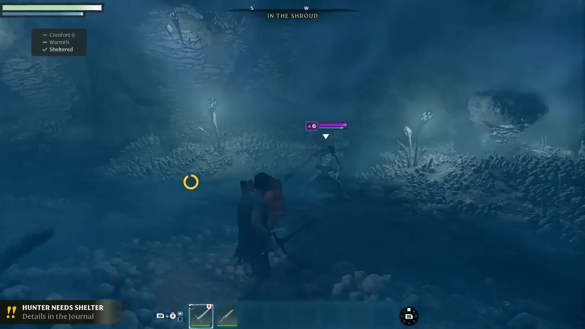 Inside the Shroud: the IN THE SHROUD banner over enemies in blue mist (© Keen Games)