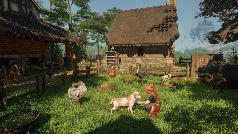 A cozy village farmstead with thatched houses, goats, a dog and NPCs in a meadow — Enshrouded, © Keen Games