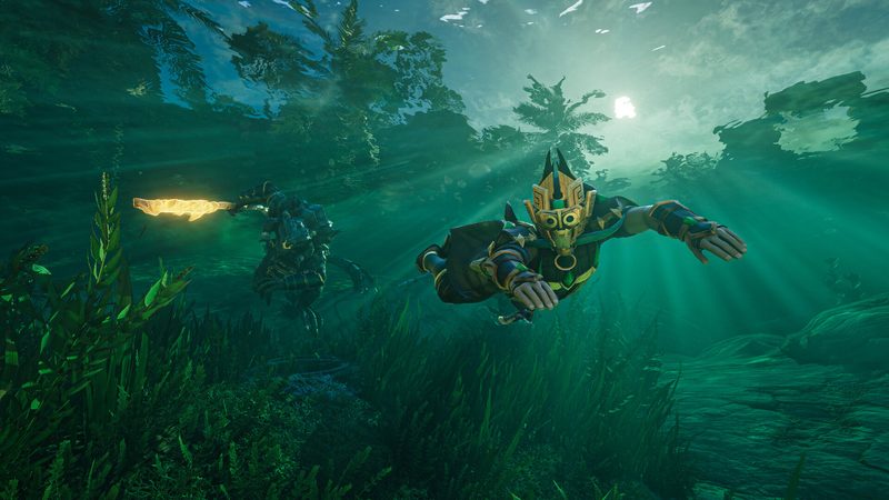 A character swimming under the sunlit water of a tropical basin — Enshrouded, © Keen Games